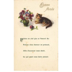 CHATS -MK39791 BONNE ANNEE CHAT VASE FLEURS