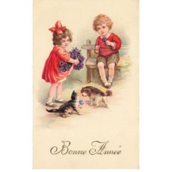 CHATS -MK39977 BONNE ANNEE DEUX ENFANTS UN CHAT ET UN CHIEN FLEURS