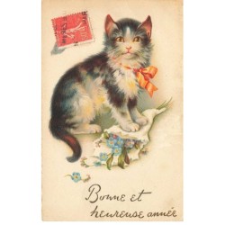 CHATS -MK39852 BONNE ET HEUREUSE ANNEE CHAT NOEUD PAPILLON BOUQUET DE FLEURS MYOSOTIS ILLUSTRATEUR KLEIN EMKA