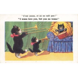 CHATS NOIRS -MK33263 CAT BLACK KATZEN CHATS QUI JOUE DE LA TROMPETTE