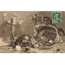 CHATS -MK39930 CHATS PANIER FLEURS PELOTTE FIL COUTURE PAR ILLUSTRATEUR N.PARKER