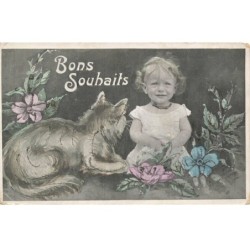 CHATS -MK39927 BONS SOUHAITS PETITE FILLE CHAT ET FLEURS AJOUTIS