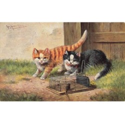 CHATS -MK39918 CHAT TIGRE ET CHAT NOIR CAGE SOURIS PAR ILLUSTRATEUR
