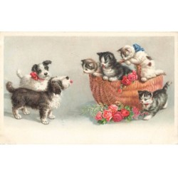 CHATS -MK39860 CHATONS DANS UN PANIER ET DEUX CHIENS FLEURS ROSES