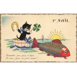 CHATS CHAT -FG35182 CAT KATZE NOIR TIRE PAR UN POISSON DORE TREFLE FER 1 ER AVRIL DORURE