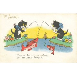 CHATS CHAT -FG35186 CAT KATZE NOIR 1 ER AVRIL PECHE ET PECHEURS AVEC POISSONS DORES DORURE