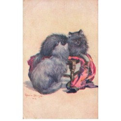 CHAT -32354 DEUX CHATS NOIR CHINCHILLA PAR ILLUSTRATEUR BILLINGE