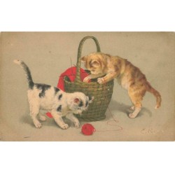 CHAT -35216 CHATS CAT KATZE DEUX CHATONS JOUENT AVEC UNE PELOTE DE LAINE ROUGE