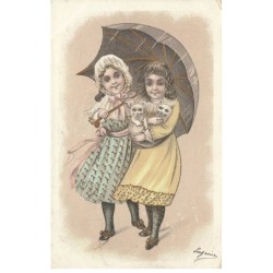 CHAT -32368 DEUX FILLETTES SOUS UN PARAPLUIE AVEC DEUX CHATS BLANCS
