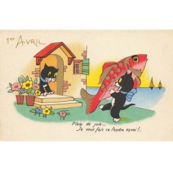 CHATS CHAT -FG35187 CAT KATZE NOIR 1 ER AVRIL TENANT UN POISSON GEANT DORE DORURE