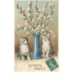CHATS CHAT -FG35121 CAT KATZE DEUX CHATONS GRIS PRES D UN VASE A FLEURS HEURESES PAQUES GAUFREE