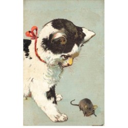 CHATS CHAT -FG35118 CAT KATZE UN CHATON BLANC ET NOIR QUI OBSERVE UNE SOURIS + PUBLICITE CHOCOLAT LALLIER PARIS
