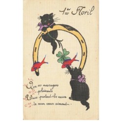 CHATS CHAT -FG35097 CAT KATZE DEUX CHATS NOIRS AVEC FER A CHEVAL TREFLE POISSONS ROUGES 1 ER AVRIL TOILEE AJOUTIS