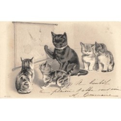 CHATS CHAT -FG35078 CAT KATZE GROUPE DE CHATS CHATONS NOIR DEVANT UNE CARTE DU MONDE GAUFREE