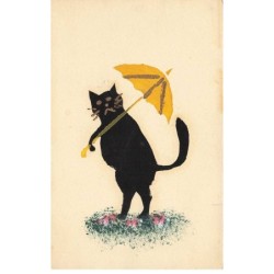 CHATS -MK46035 CHAT AVEC PARAPLUIE JAUNE FAIT MAIN