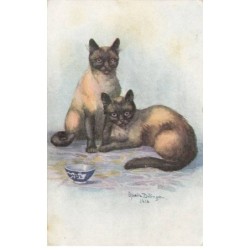 CHATS -MK39949 DEUX CHATS SIAMOIS PAR ILLUSTRATEUR OPHELIA BILLINGE
