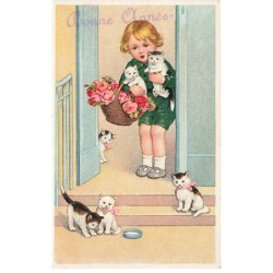 CHATS -MK39867 BONNE ANNEE PETITE FILLE PANIER DE FLEURS CHATONS BOL DE LAIT