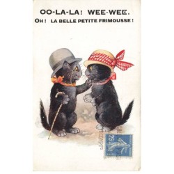 CHATS NOIRS -FG35040 CAT BLACK KATZEN COUPLE ELEGANT A CHAPEAU MELON CANNE ET MONOCLE