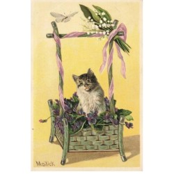 CHATS -MK39958 CHAT FLEURS MYOSOTIS PAPILLON MUGUET PAR ILLUSTRATEUR