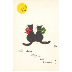 CHATS CHAT -FG35154 CAT KATZE NOIR COUPLE DE DOS REGARDANT LE SOLEIL HEUREUX PAR RENE