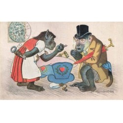 SINGES -FG56246 COUPLE DE SINGES HUMANISES DEVANT UN COUFFIN PAR ILLUSTRATEUR