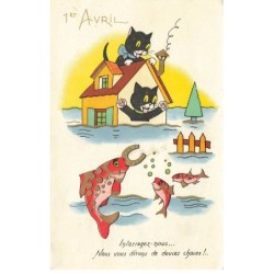 CHATS CHAT -FG35185 CAT KATZE NOIR 1 ER AVRIL POISSONS DORES DORURE FER A CHEVAL