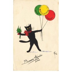 CHATS CHAT -FG35142 CAT KATZE NOIR TENANT DES BALLONS COLORES BONNE ANNEE PAR RENE