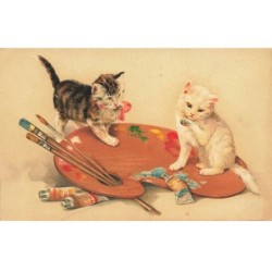 CHATS -MK39904 DEUX CHATS SUR UNE PALETTE DE PEINTURES