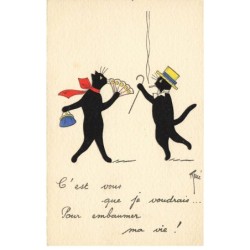 CHATS CHAT -FG35160 CAT KATZE NOIR COUPLE ELEGANT EVENTAIL CHAPEAU ET CANNE PAR RENE
