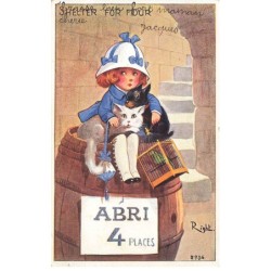 CHATS -MK39894 ABRI 4 PLACES PETITE FILLE UN CHAT UN CHIEN UN OISEAU CAGE PAR ILLUSTRATEUR RIGHT