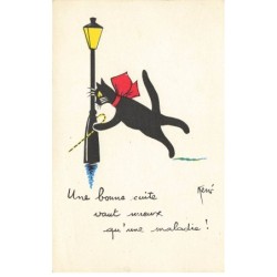 CHATS CHAT -FG35144 CAT KATZE NOIR BOURE CONTRE UN REVERBERE BONNE CUITE PAR RENE