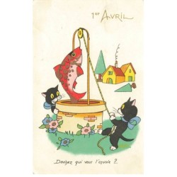 CHATS CHAT -FG35192 CAT KATZE NOIR 1 ER AVRIL TIRE DU PUIT UN POISSON ROUGE ET DORES DORURE