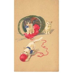 CHAT -35245 CHATS CAT KATZE 3 CHATONS JOUENT AVEC UNE PELOTE DE LAINE ROUGE