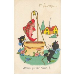 CHATS CHAT -FG35188 CAT KATZE NOIR 1 ER AVRIL UN POISSON GEANT DORE DANS LE PUIT DORURE