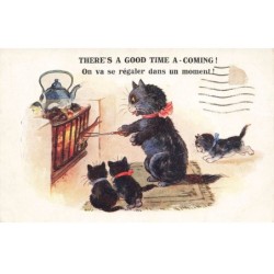 CHATS NOIRS -FG35044 CAT BLACK KATZEN ON VA SE REGALER CHATONS DEVANT LE FEU DE CHEMINEE ET POISSON