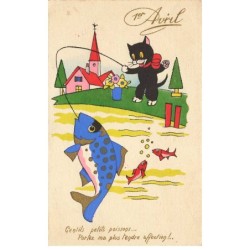 CHATS CHAT -FG35190 CAT KATZE NOIR 1 ER AVRIL PECHE UN POISSON GEANT BLEUE ET DORE DORURE