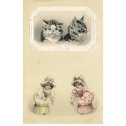 CHAT -35242 CHATS CAT KATZE PORTRAIT DE 2 CHATS ET 2 FILLETTES GAUFREE