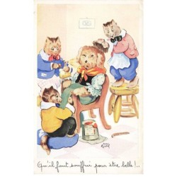 CHAT -35287 CHATS CAT KATZE CHATS HUMANISES COIFFANT UN CHIEN COIFFEUR COIFFURE PAR ILLUSTRATEUR ANDRE LUCE