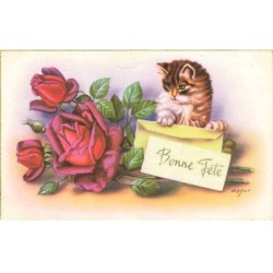CHATS -MK39893 BONNE FETE CHAT FLEURS ROSES PAR ILLUSTRATEUR