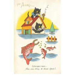 CHATS CHAT -FG35189 CAT KATZE NOIR 1 ER AVRIL JETE DES FER A UN POISSON GEANT DORE DORURE