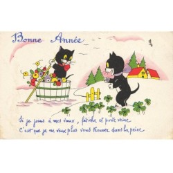 CHATS CHAT -FG35194 CAT KATZE NOIR BONNE ANNEE BARQUE FLEURIE ET PORTE VEINE