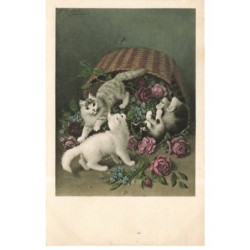 CHAT -FG61663 GROUPE DE CHATS DANS UN PANIER DE ROSES VIENNE