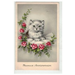 CHAT -17067 SUPERBE CHAT GRIS AU REGARD BLEU AUTOUR UNE COURONNE DE ROSES