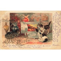 CHATS CHAT -FG35083 CAT KATZE HEUREUX NOEL TROIS CHATS DEVANT LA DINDE DORURE GAUFREE