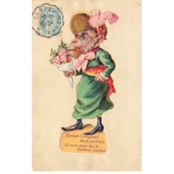 SINGE AC-MK851 UN SINGE HUMANISE CHAPEAU POISSON BOUQUET DE FLEURS HUMOUR