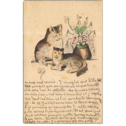 CHAT -FG61667 2 CHATS JOUANT AVEC DES FLEURS PAR ILLUSTRATEUR