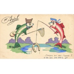 POISSONS AC-MK849 1 ER AVRIL DEUX POISSONS VERT ET ROUGE PECHEURS CANNE A PECHE EPUISETTE
