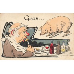 COCHONS -MK52842 UN HOMME EN PLEIN REPAS ET UN GROS COCHON