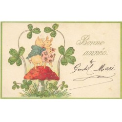 COCHON -MK52845 BONNE ANNEE DEUX COCHONS HUMANISES SUR UN CHAMPIGNON TREFLES GAUFREE DORURE