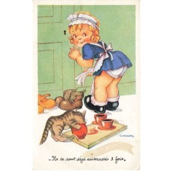 CHATS AL-AL00570 PETITE FILLE AVEC UN CHAT LA TETE DANS UN POT DE LAIT